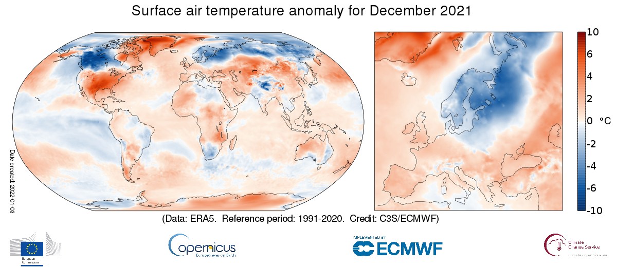 Fig. 1 Anomalia della temperatura di dicembre 2021 (Fonte: Copernicus Climate Change Service/ECMWF)