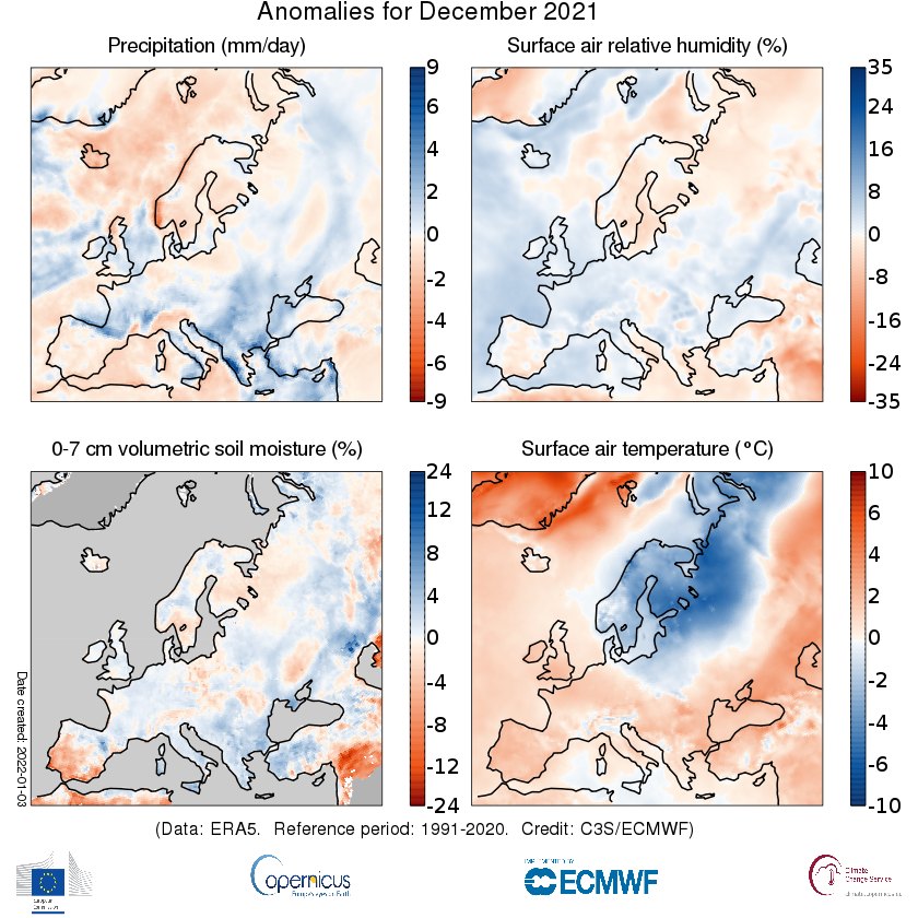 Fig. 2 Anomalia delle variabili idrologiche di dicembre 2021 (Fonte: Copernicus Climate Change Service/ECMWF)