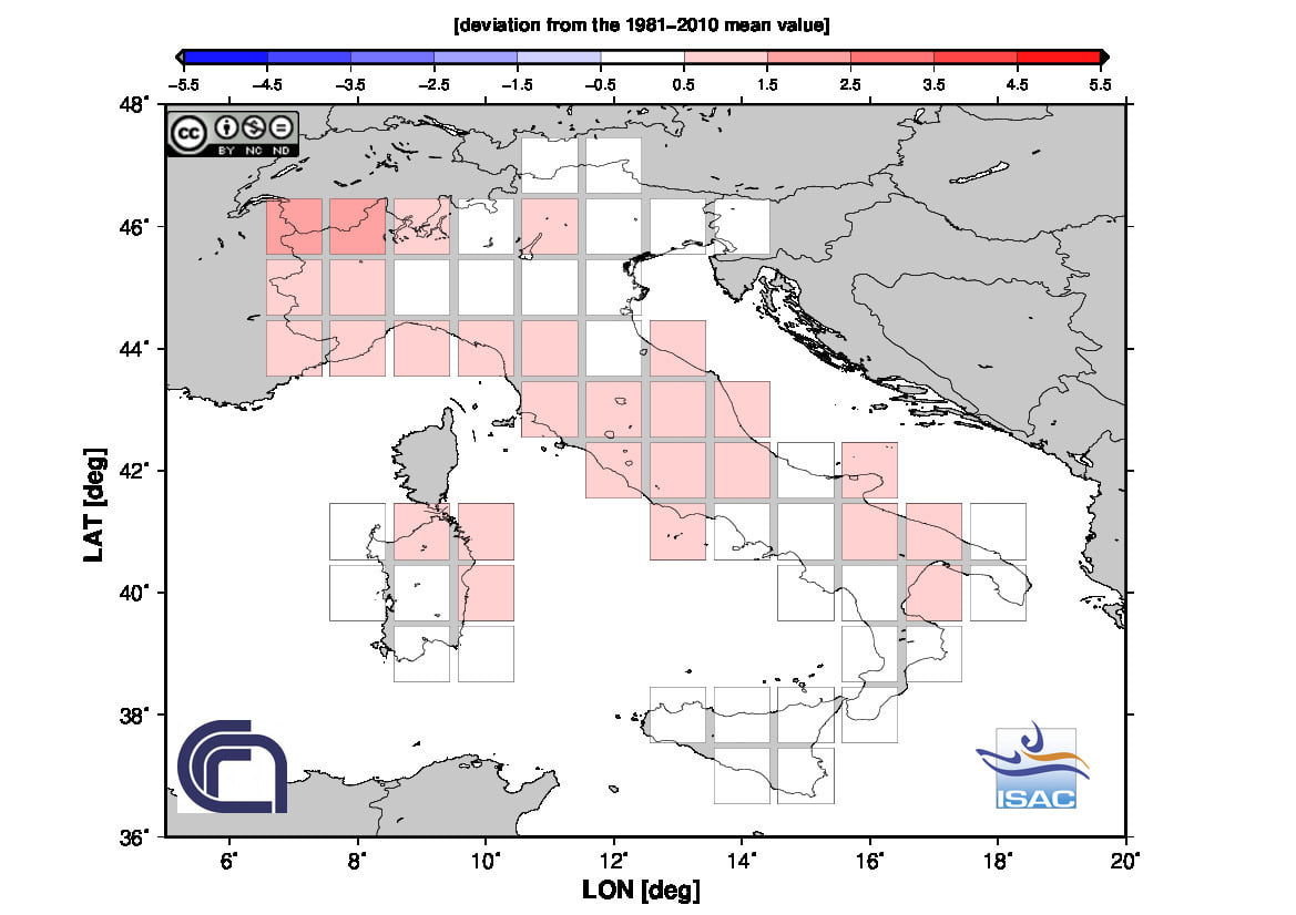 Fig. 3 Anomalia della temperatura media di dicembre 2021 in Italia (Fonte: ISAC-CNR)