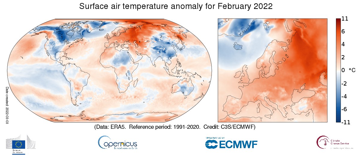 Figura 1. Anomalia della temperatura di febbraio 2022 (Fonte: Copernicus Climate Change Service/ECMWF)