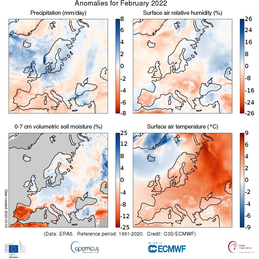 Figura 2. Anomalia delle variabili idrologiche di febbraio 2022 (Fonte: Copernicus Climate Change Service/ECMWF)