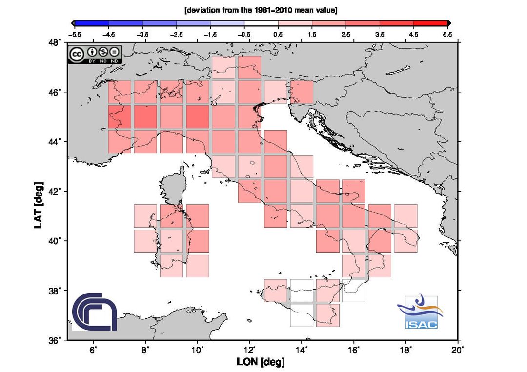Figura 3. Anomalia della temperatura media di febbraio 2022 in Italia (Fonte: ISAC-CNR)