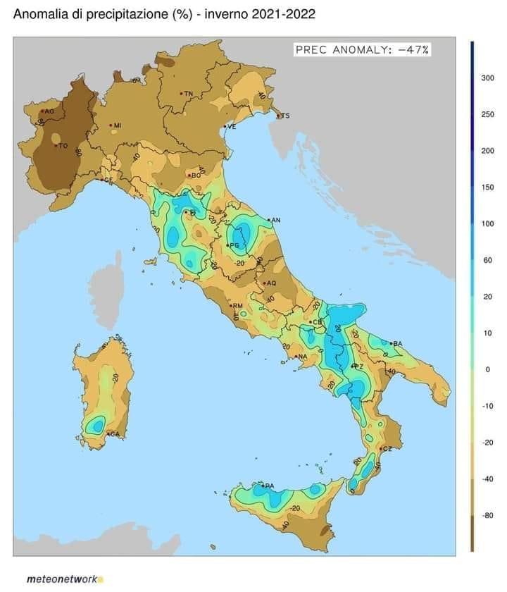 Figura 5. Anomalia della precipitazione in Italia in febbraio 2022 (Fonte: Meteonetwork)