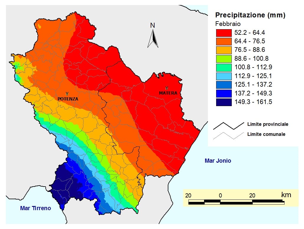 Figura 6. Pluviometria della Basilicata nel mese di febbraio (Fonte: Servizio Agrometeorologico Lucano - ALSIA)