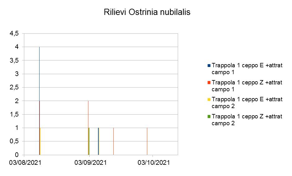 Figura 4. Numero di individui di Ostrinia nubilalis (piralide del mais) catturati nei rilievi settimanali nei campi 1 e 2