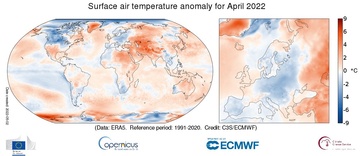Figura 1. Anomalia della temperatura di aprile 2022 (Fonte: Copernicus Climate Change Service/ECMWF)
