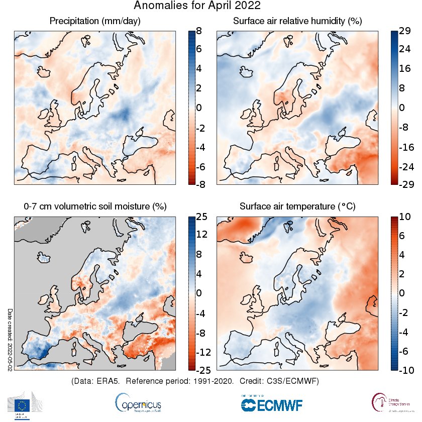 Figura 2. Anomalia delle variabili idrologiche di aprile 2022 (Fonte: Copernicus Climate Change Service/ECMWF)
