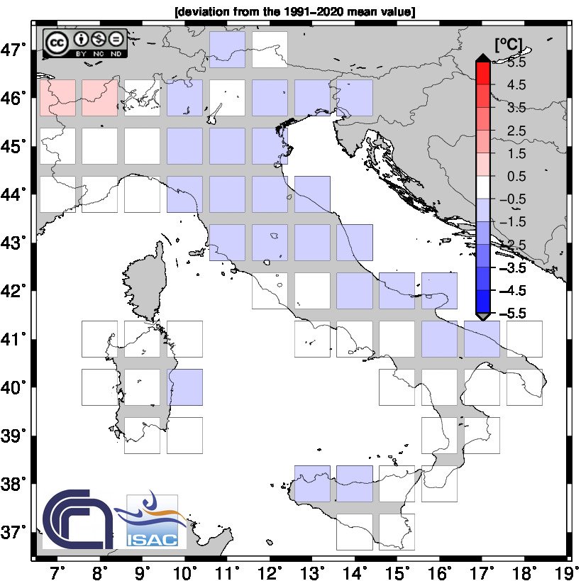 Figura 3. Anomalia della temperatura media di aprile 2022 in Italia (Fonte: ISAC-CNR)