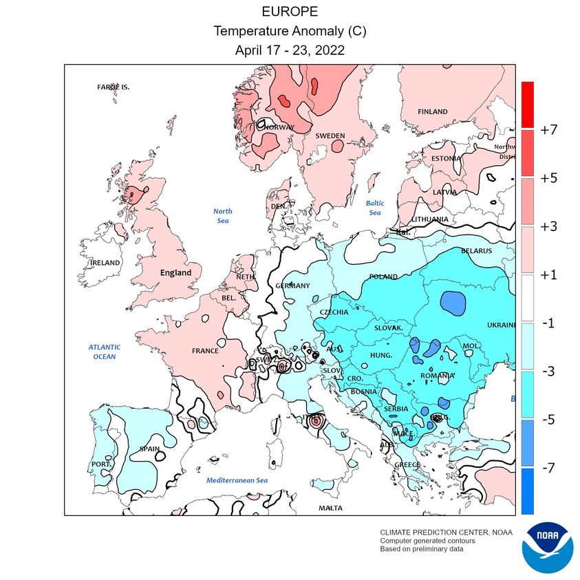 Figura 4. Anomalia della temperatura media dal 17 al 23 aprile 2022 in Europa (Fonte: NOAA)