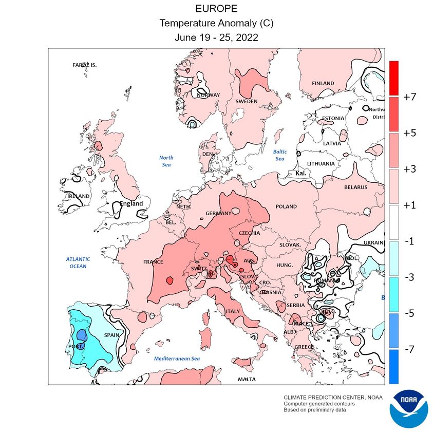 Figura 3. Anomalia della temperatura media nella terza settimana di giugno 2022 (Fonte: NOAA)