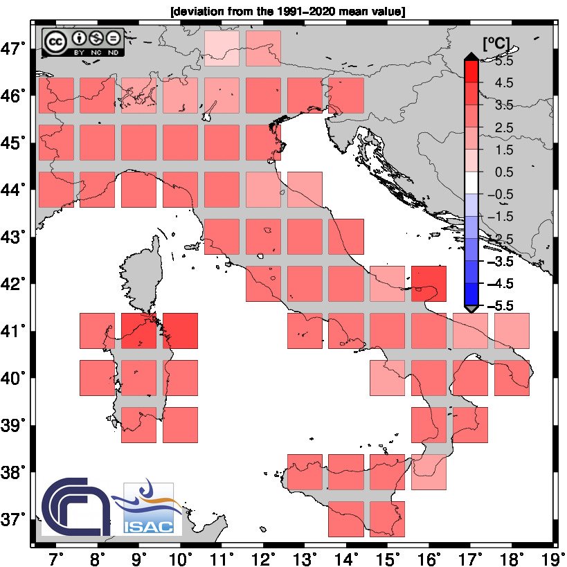 Figura 6. Anomalia della temperatura media di giugno 2022 in Italia (Fonte: ISAC-CNR)
