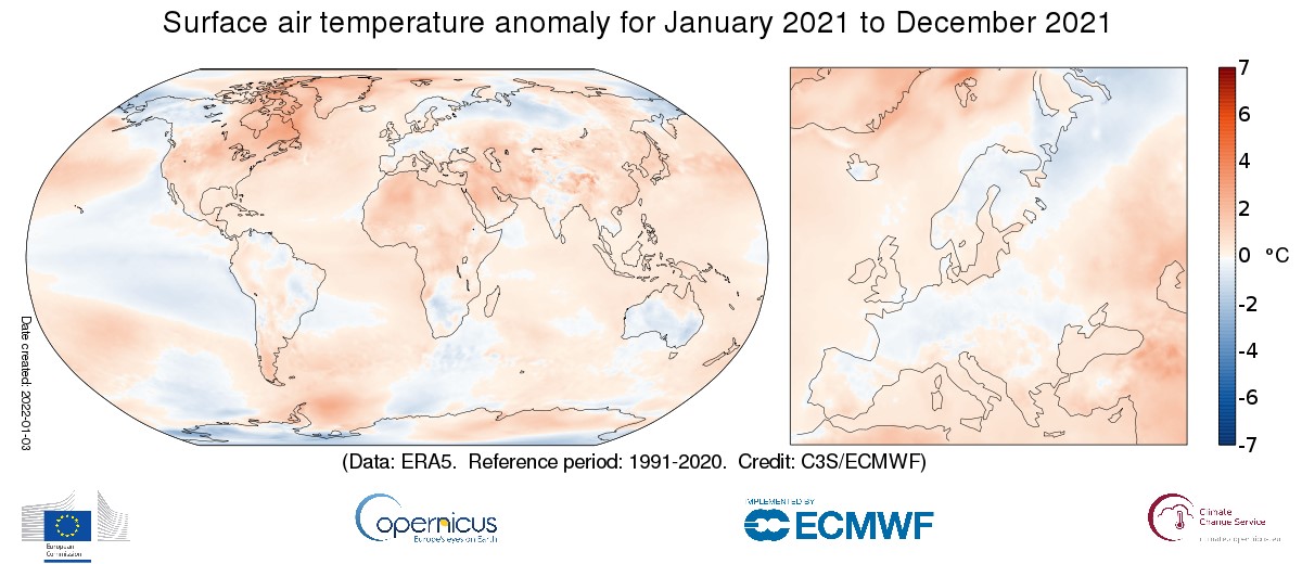 Fig. 2 Temperatura media mondiale dell’anno anno 2021 (fonte Progetto Copernicus)