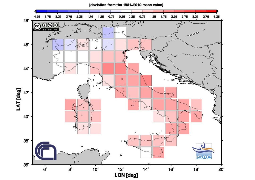 Fig. 3 Anomalia della temperatura massima nel trimestre invernale anno 2021 (fonte ISAC-CNR)