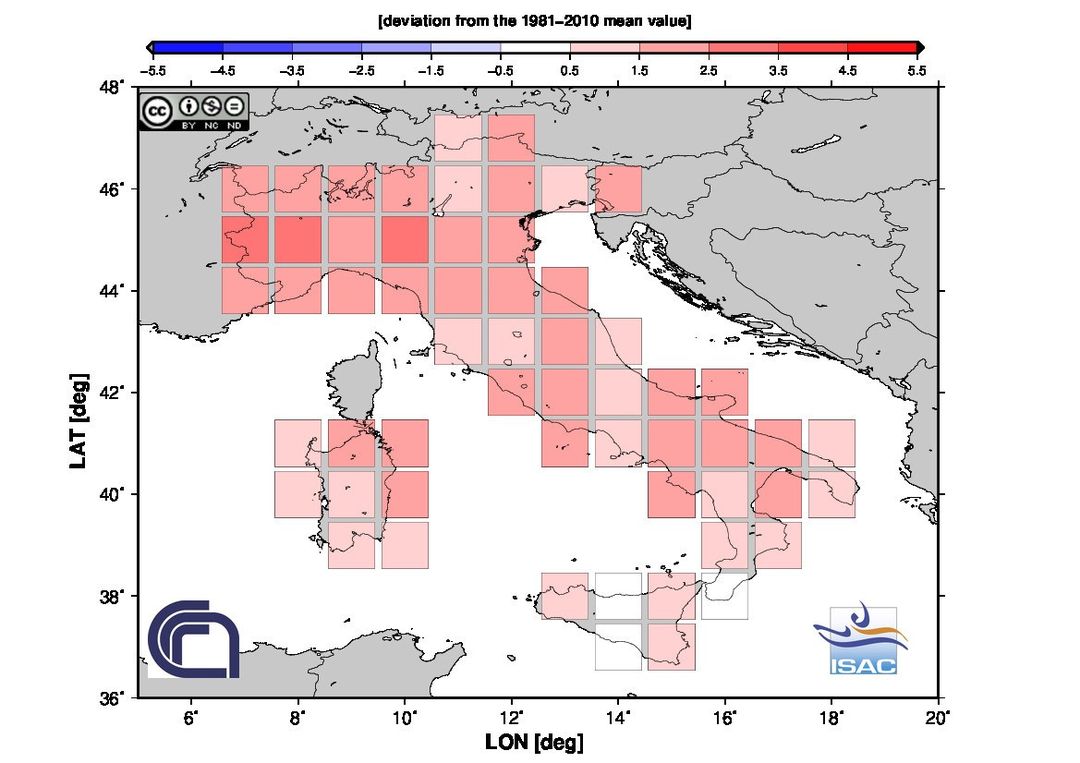 Fig. 5 Anomalia della temperatura media di febbraio 2022 (fonte ISAC-CNR)