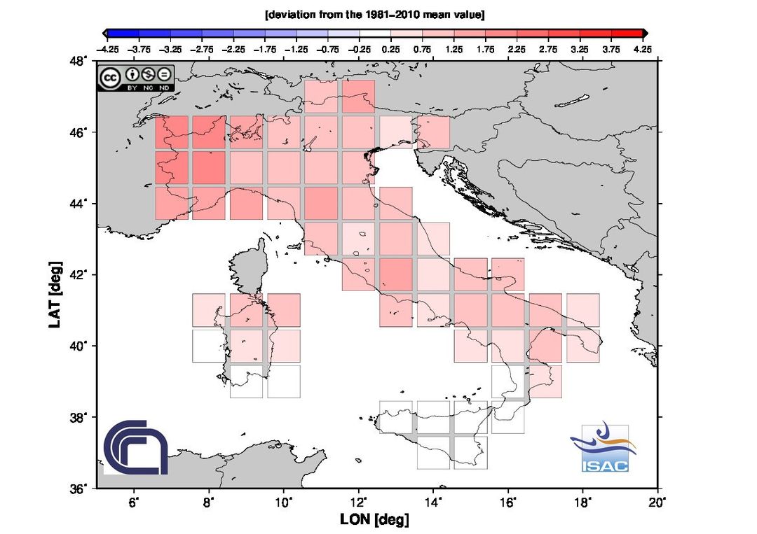 Fig. 6 Anomalia della temperatura media della stagione invernale 2022 (fonte ISAC-CNR)