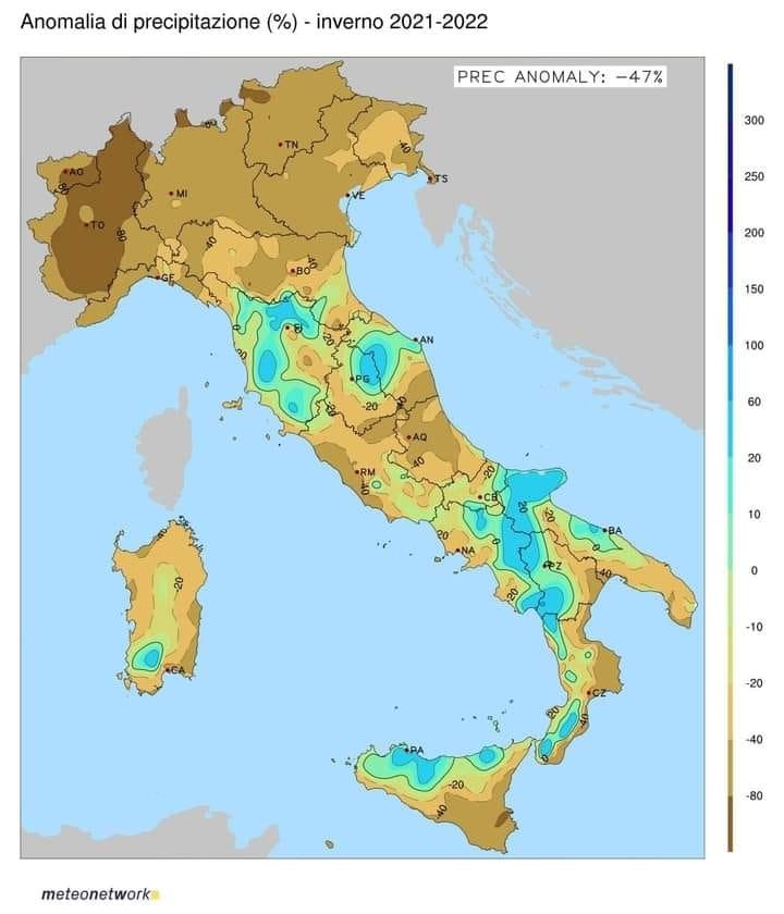 Fig. 7 Anomalia della precipitazione in Italia in febbraio 2022 (Fonte: Meteonetwork)