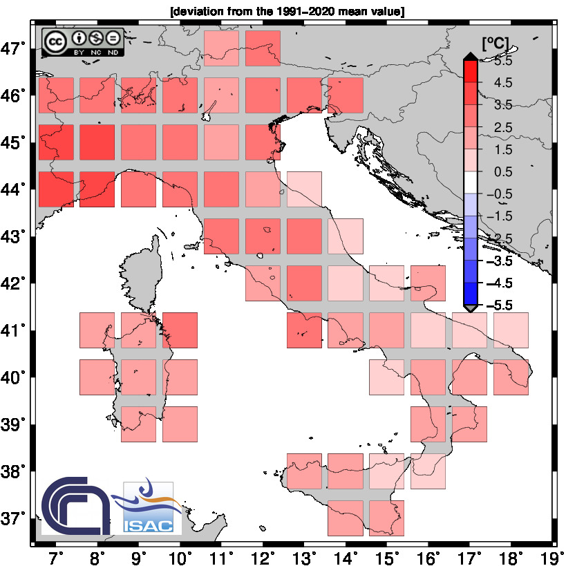 Fig. 8 Anomalia della temperatura media di luglio 2022 (fonte ISAC-CNR)