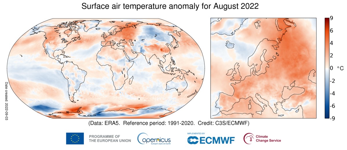 Fig. 1 Anomalia della temperatura di agosto 2022 (Fonte: Progetto Copernicus)
