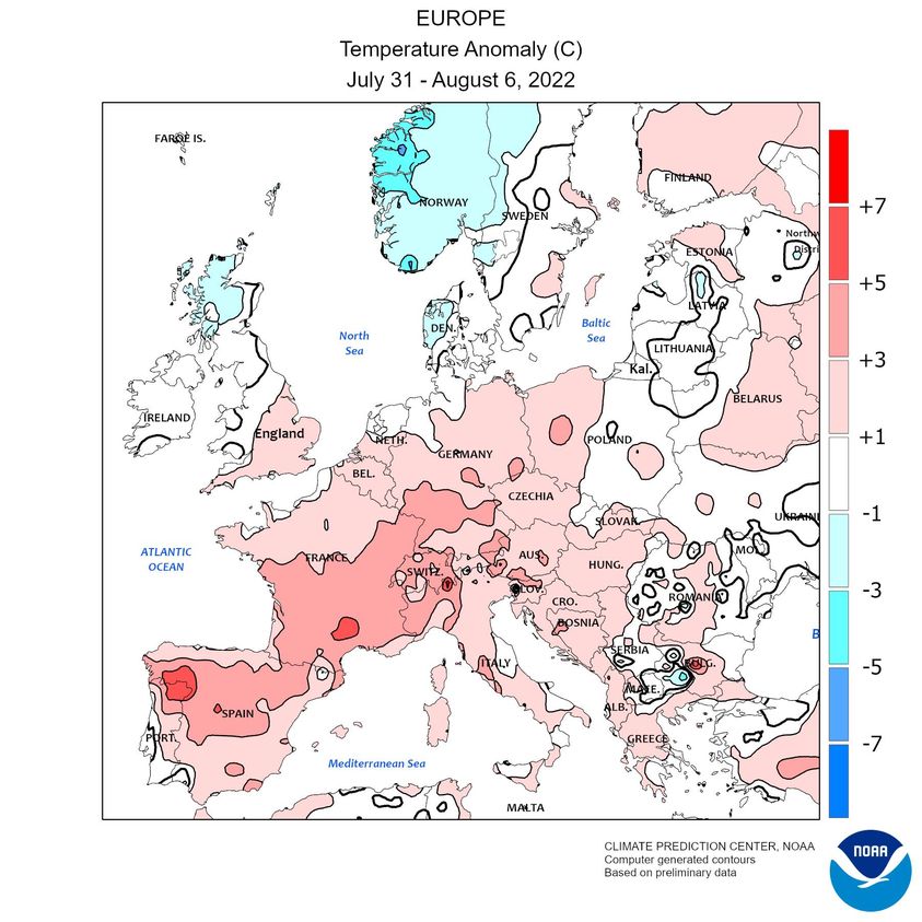 Fig. 2 Anomalia della temperatura nella 31 settimana del 2022 (Fonte: NOAA)
