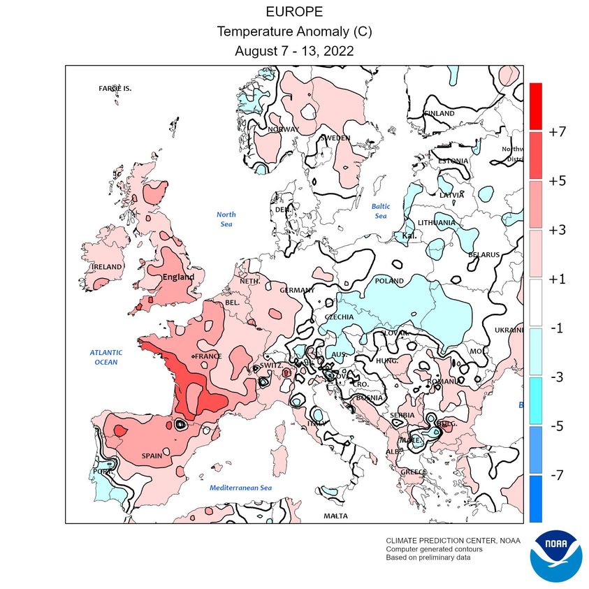 Fig. 3 Anomalia della temperatura nella 32 settimana del 2022 (Fonte: NOAA)