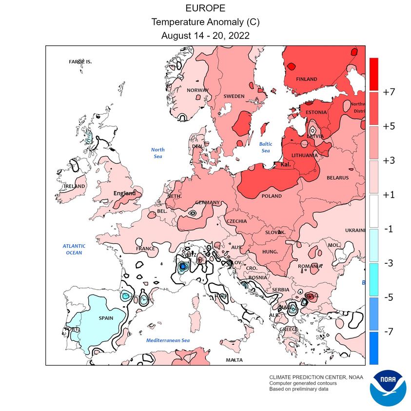 Fig. 4 Anomalia della temperatura nella 33 settimana del 2022 (Fonte: NOAA)