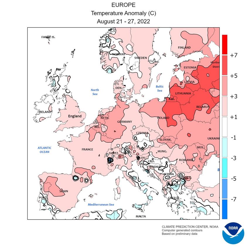 Fig. 5 Anomalia della temperatura nella 34 settimana del 2022 (Fonte: NOAA)