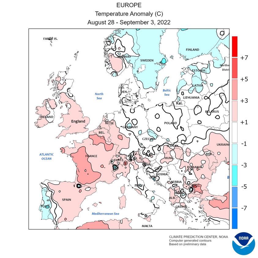 Fig. 6 Anomalia della temperatura nella 35 settimana del 2022 (Fonte: NOAA)