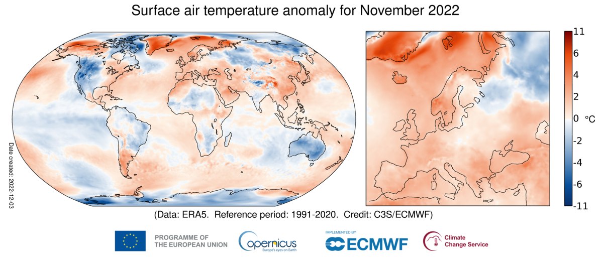 Figura 1. Anomalia della temperatura di novembre 2022 in Europa (Fonte: Progetto Copernicus)