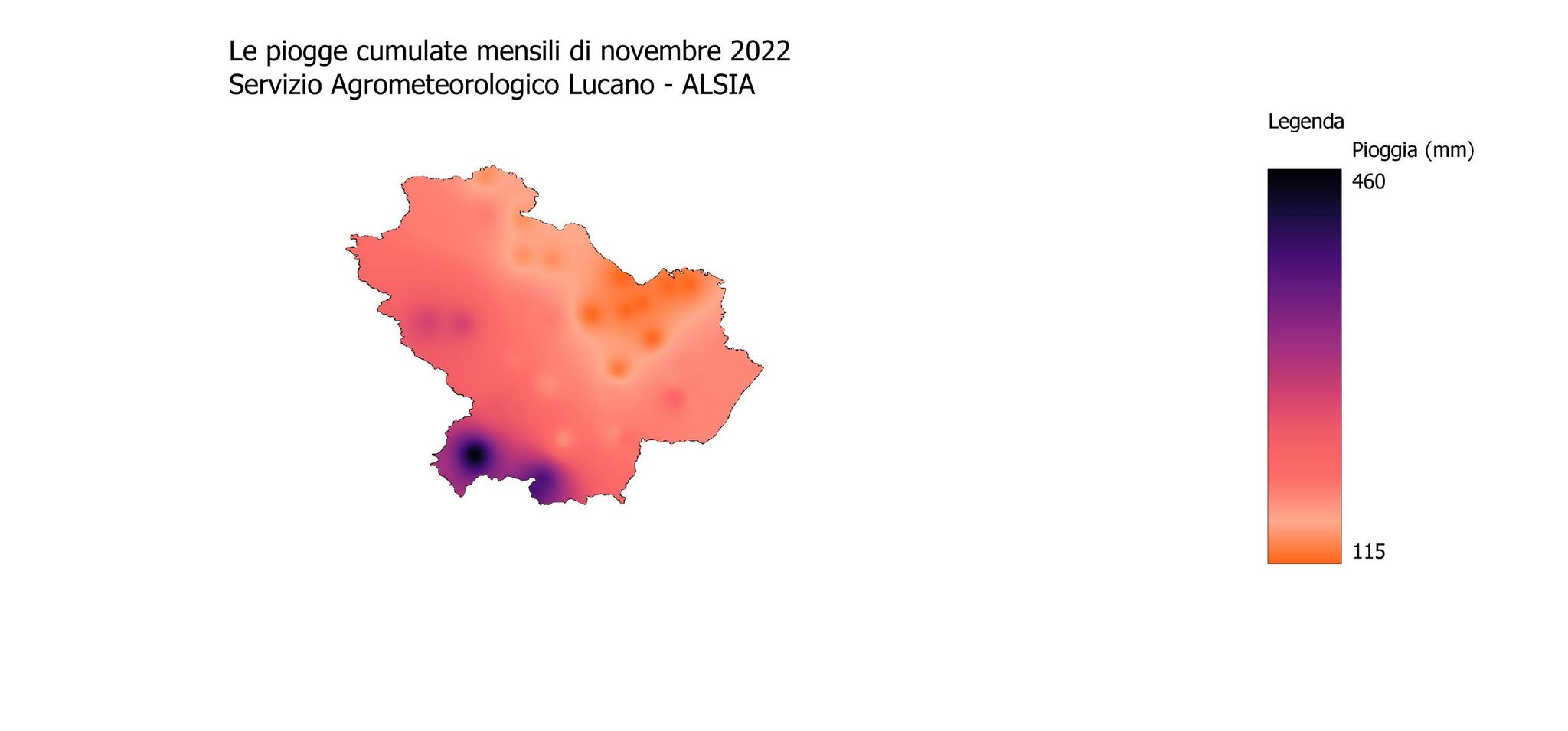 Figura 7. Mappa delle precipitazioni registrate in Basilicata in novembre 2022 (Fonte: Servizio Agrometeorologico Lucano, ALSIA)