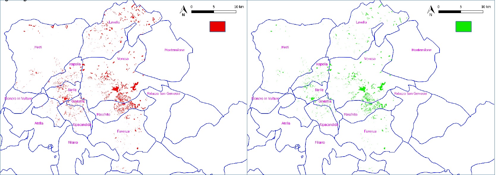 Figura 4. A sinistra i vigneti del distretto del Vulture-Melfese così come restituiti dal catasto agrario del MEF; a destra vigneti rilevati attraverso la procedura basata su fotointerpretazione e analisi GIS. Le differenze sono legate da un lato all’occorrenza di casi di espianto/impianto rilevati con la fotointerpretazione di un’ortofoto più recente (2017) rispetto al dato catastale (2014) e dall’altra a meri errori materiali nella redazione del catasto agrario