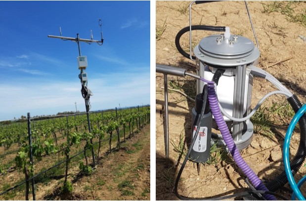 Figura 9. Stazione Eddy-covariance (a sinistra) e camera per la misura puntuale della respirazione del suolo integrata con sensore di umidità e temperatura del suolo. Le misure sono iniziate durante la primavera 2020