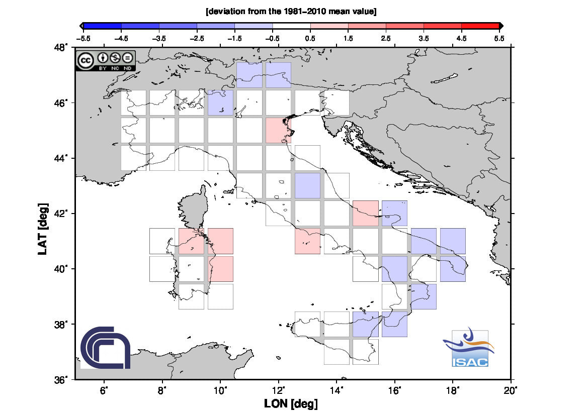 Figura 2. Anomalia termica della temperatura media di giugno 2020 in Italia (Fonte: ISAC-CNR)
