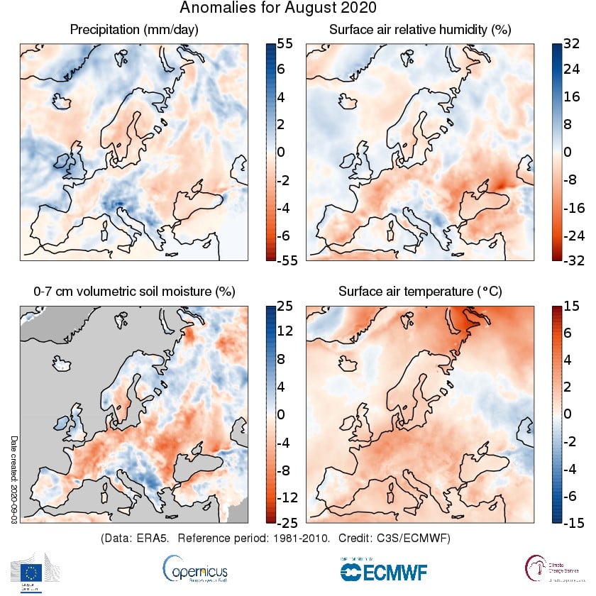 Fig. 1 Anomalia termica, pluviometrica e dell’umidità dell’aria e del suolo in Europa in agosto 2020 rispetto al periodo 1981-2010 (Fonte: Copernicus Climate Change Service/ECMWF)