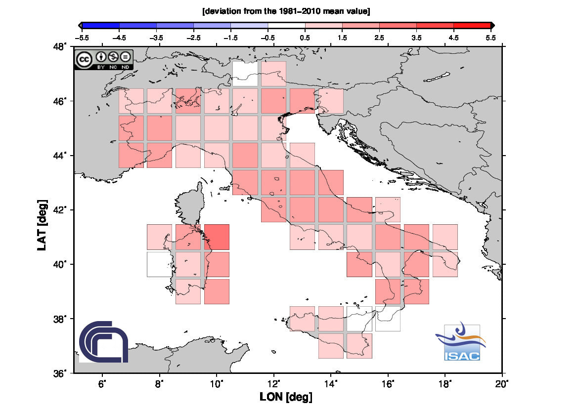 Fig. 2 Anomalia termica della temperatura media di agosto 2020 in Italia (Fonte: ISAC-CNR)